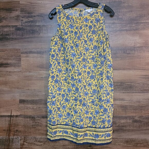 J Jill Love Linen Floral Shift Dress XS Pockets Yellow Blue Keyhole Button Back